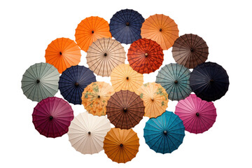 Naklejka premium A colorful array of rain umbrellas in various sizes and patterns arranged in a fan shape, highlighting diversity in design isolated on white background