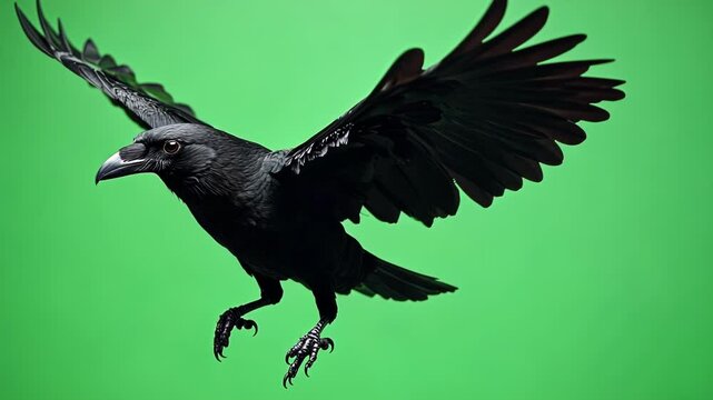 Large black raven with its wings spread, captured in mid flight against a vibrant green screen background, offering versatile compositing options