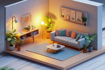 A cozy miniature living room design featuring stylish sofa, decorative plants, and warm lighting creates welcoming atmosphere. attention to detail enhances overall aesthetic appeal