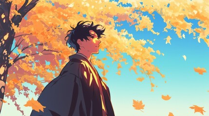 portrait of a handsome anime guy with striking black hair, standing in a bright autumn park
