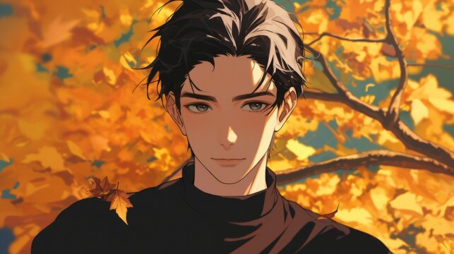 portrait of a handsome anime guy with striking black hair, standing in a bright autumn park
