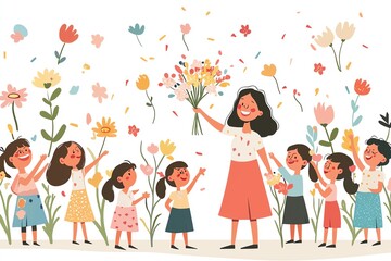Fototapeta premium Happy Children Celebrating Teacher Appreciation with Flowers – A Heartwarming Illustration of Gratitude and Joy in a Classroom Setting