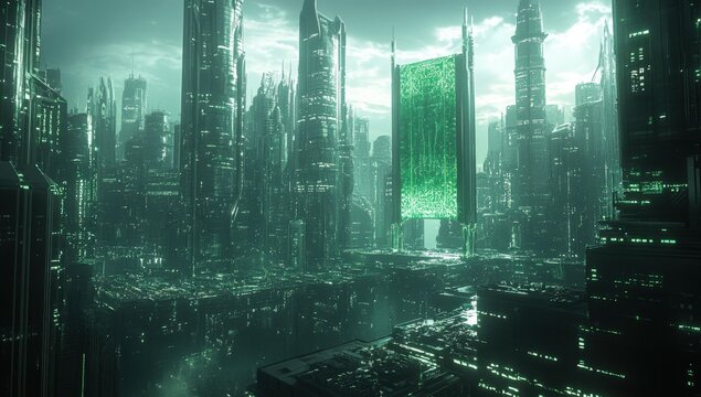 High-resolution conceptual art of futuristic Saudi Arabian city with holographic green flag, neon skyscrapers, and busy streets, showcasing technological innovation and immersive urban atmosphere.