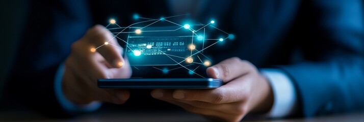 Secure Online Payments with Advanced Technology,  a person holding a smartphone with a credit card icon and network connection, representing secure online payment platform,  financial transaction, e-c