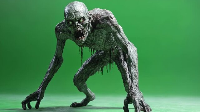 Terrifying zombie with glowing eyes crawls in a spooky setting, evoking fear. Perfect for halloween or a creepy party