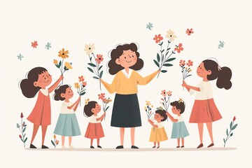 Happy Children Celebrating Teacher Appreciation with Flowers &ndash; A Heartwarming Illustration of Gratitude and Joy in a Classroom Setting