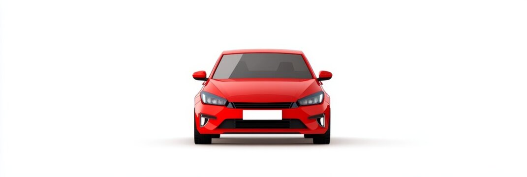 Simple  illustration of a red car icon. The car is facing the viewer, with the front end and headlights clearly visible, representing transportation, speed, freedom, and driving.