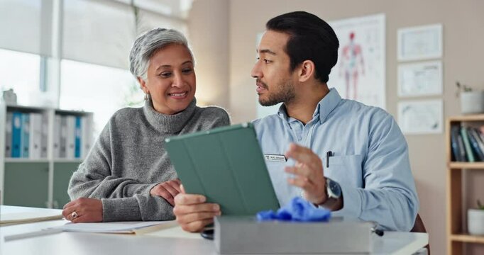 Listening, doctor and man with tablet, healthcare and explaining of diagnosis to woman, clinic and patient. Info, people and consultation with medical professional, talk and communication for results