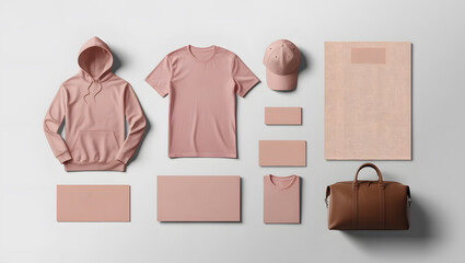 Create a realistic mockup of a design template. Soft colors. Classic stationery template. Hoodie, T-shirt, Hat, T-shirt, Cap, Travel bag, Business card, isolated on a plain white background.