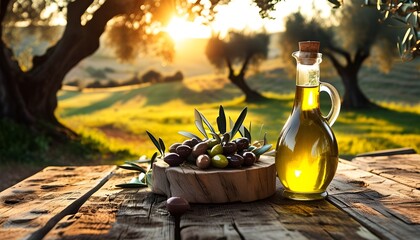 Rustic Mediterranean scene showcasing fresh olives and golden olive oil on a weathered wooden table under the warm embrace of the sun