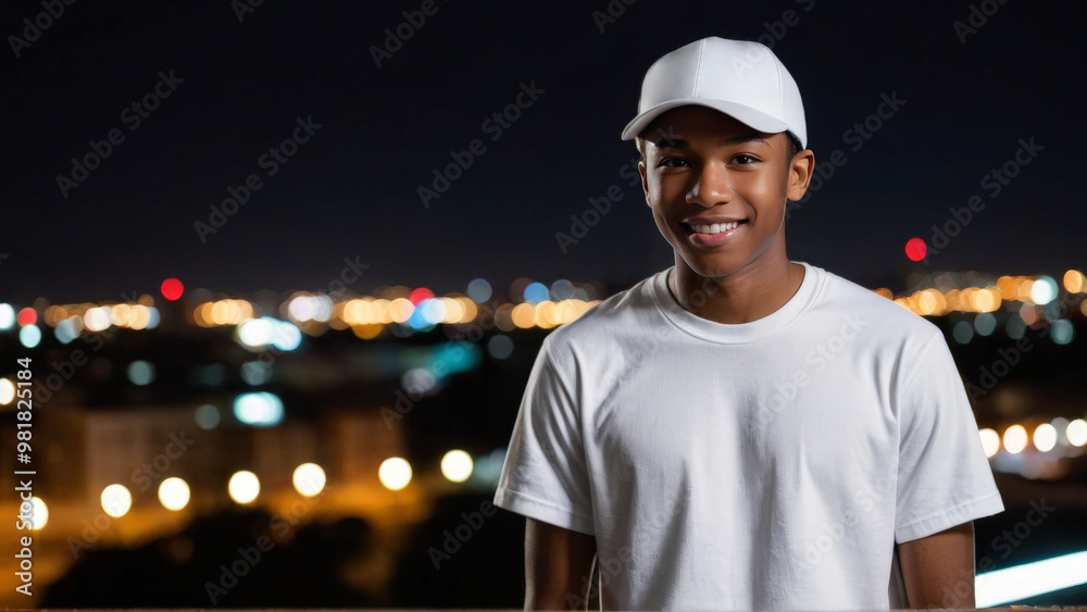 Wall mural black teenage boy wearing white t-shirt and white baseball cap standing on cityscape at night backgr