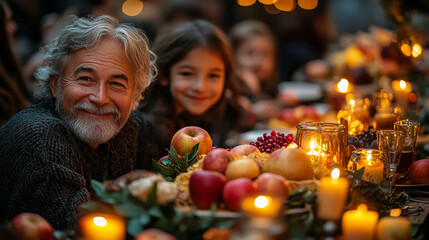 Fototapeta premium Diverse Family Celebrating Rosh Hashanah with Traditional Foods