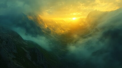 Fototapeta premium Sunlit Valley Between Misty Mountain Ranges