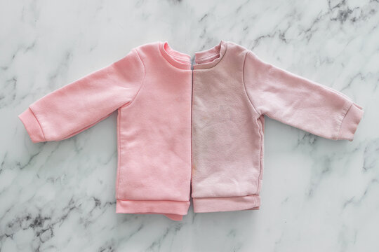 new vs old and used clothes, identical sweaters, side by side, unused vs worn out discoloured and shrunk