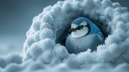 Blue jay nestled in a snow tunnel, surrounded by soft snowflakes, showcasing nature's beauty and winter's charm.