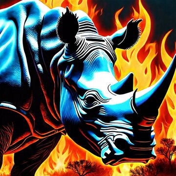 Rhino Head - Side - Blue - Flames