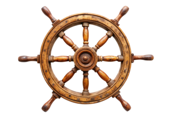 Wooden ship steering wheel isolated with transparent background.