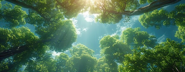 Fototapeta premium Sunlight streaming through lush green forest canopy, creating a serene and vibrant natural scene captured from below.