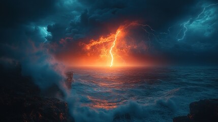 Obraz premium Fiery Lightning Storm Over the Sea