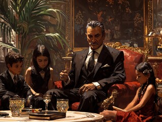 A mafia family in a luxurious living room, the patriarch instructing his children, passing down the code of the underworld to the next generation