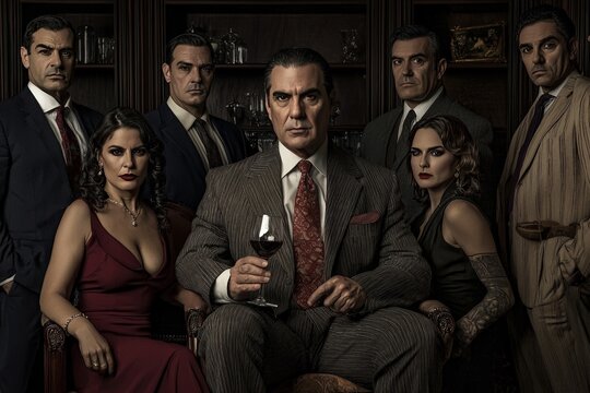 A mafia family portrait with each member displaying a unique blend of elegance and menace, the patriarch in the center holding a glass of wine