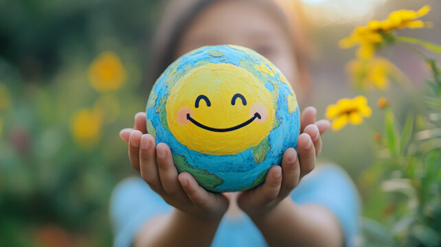 Celebrating World Smile Day with a child holding a painted globe in a vibrant garden setting - Powered by Adobe