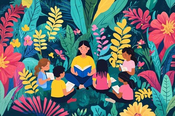 "Joyful Children Jumping Out of an Open Book Surrounded by Flying Books – A Vibrant Illustration Celebrating Education, Imagination, and the Joy of Learning