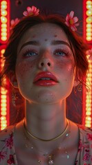 Obraz premium Glowing Portrait of a Woman with Flowers in Her Hair
