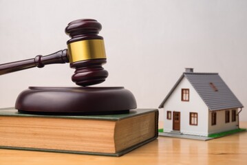 Hammer judge gavel on law textbook, house model with white wall background. Foreclosure,...