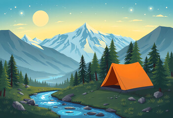 Serene camping scene with an orange tent pitched by a river flowing through a mountain valley under a starry night.