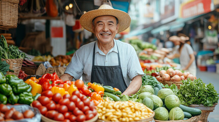 Busy market street during the vegetarian festival, vendors selling colorful vegetables, vintage style, muted colors, warm atmosphere,