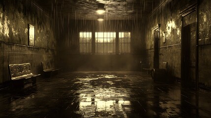 Wet, dimly lit interrogation room with dripping ceiling, eerie flickering light casting distorted reflections on the floor, steampunk vibe, sepia tones, dramatic shading