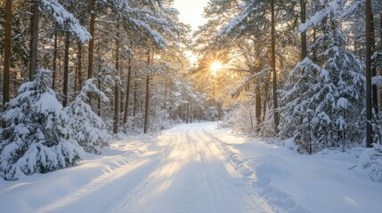 Obraz premium Winter road through the snow-covered pine forest at sunset. Beautiful winter landscape.