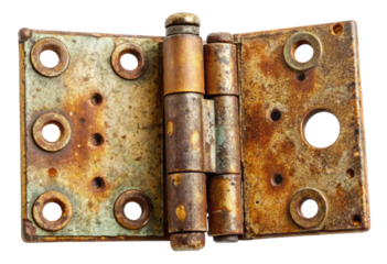 Rusty metal door hinge isolated with transparent background.