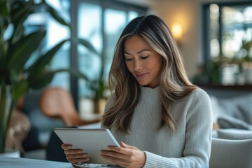 Female leader collaborating with team using tablet in modern workspace