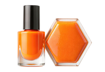 Bottle of orange nail polish with hexagonal lid isolated with transparent background.