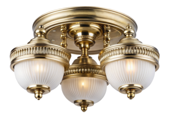 Brass double-light ceiling fixture isolated with transparent background.