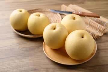 Asian pear fruit on wooden background, Sweet and juicy fruit