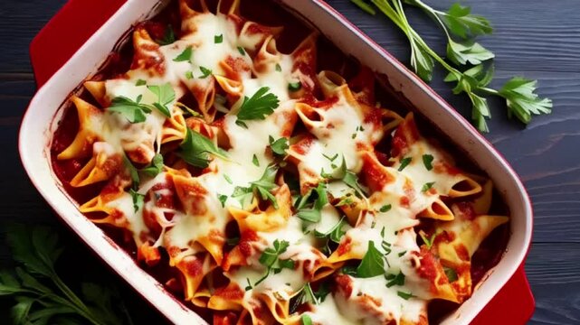A delicious dish of stuffed pasta shells topped with melted cheese and fresh parsley, served in a vibrant red baking dish on a dark wooden table created with generative ai