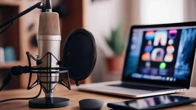 A close-up of a stylish microphone set up for podcasting beside a laptop and smartphone, creating a professional and inviting workspace for creative endeavors created with generative ai