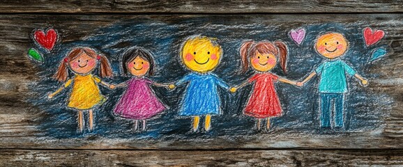 Fototapeta premium Chalkboard Drawing of Kids Holding Hands on Wooden Background