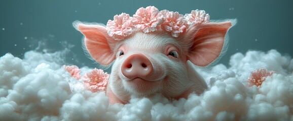 Piglet in a Flower Crown Floating on Clouds