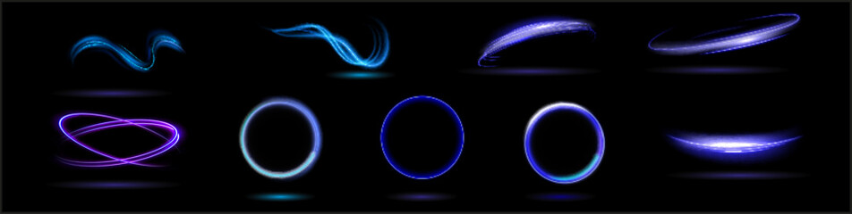 Neon swirl. Curve blue line light effect. Abstract ring background with glowing swirling background. Energy flow tunnel. Blue portal, platform. Magic circle vector.