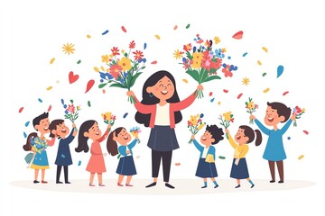 Fototapeta premium Happy Children Celebrating Teacher Appreciation with Flowers – A Heartwarming Illustration of Gratitude and Joy in a Classroom Setting