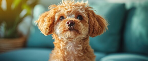 Adorable Brown Toy Poodle Sitting on a Couch