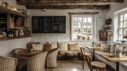 Fototapeta premium A cozy farmhouse coffee shop interior with whitewashed walls, wooden beams, wicker seating, and vintage decor. Warm natural light and rustic elements create a relaxed,