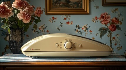 A vintage appliance displayed on a floral backdrop.