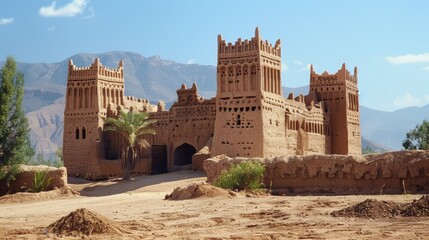 Fototapeta premium Majestic Fortified Desert Castle with Towering Walls and Spires