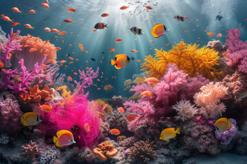 Colorful coral reef fish swimming among stony coral and marine invertebrates in a vibrant underwater aquarium setting.