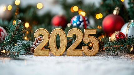 Happy New Year 2025. Wooden numbers covered with snow stand in the snow against a background of bokeh lights and fir branches.